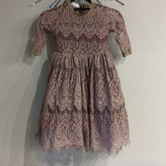 Trish Scully Child Girls Size 7 Dress Lace Lacy Lined Tulle Brown Tan - Picture 1 of 12